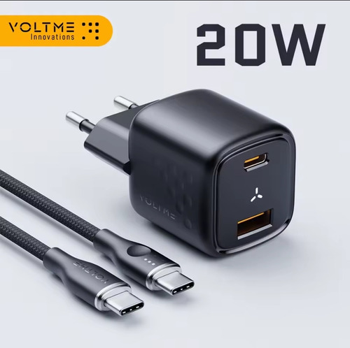 Carregador Voltme Revo 20 Duo Usb-c + Usb-a Com Cabo Preto