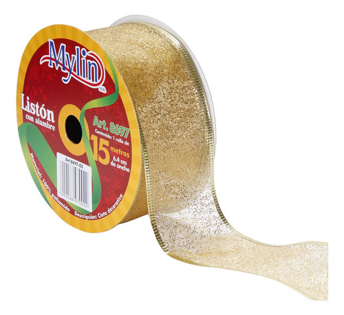 Liston Organza Diamantina Moños Navideño Mylin 6.4cmx15m Color Oro Color