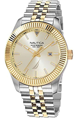 Nautica Hombre Cuarzo Correa De Acero Inoxidable, Plata, 22 