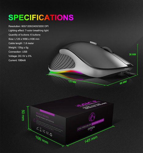 Ratón para jugadores con cable LED RGB Imice X6, color negro