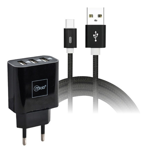 Kit Cargador 2 En 1  + Cable Tipo C 3 Entradas Usb Mlab