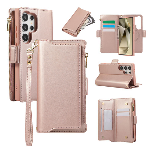 Funda Tipo Cartera Con Cierre Para Samsung Galaxy S23 Fe S24 S22 S21 S20, De Lujo, Multifunción, 6 Tarjetas, Piel Con Cordón Shou