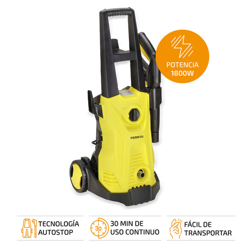 Imagen 2 de 10 de Hidrolavadora Eléctrica Alta Presión Femmto Auto-stop 120bar Color Amarillo y Negro Frecuencia 50 Hz