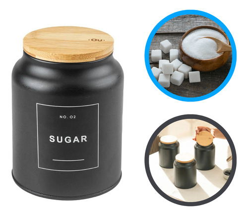 Pote De Açucar Sense Sugar Preto Fosco Com Tampa De Bambu