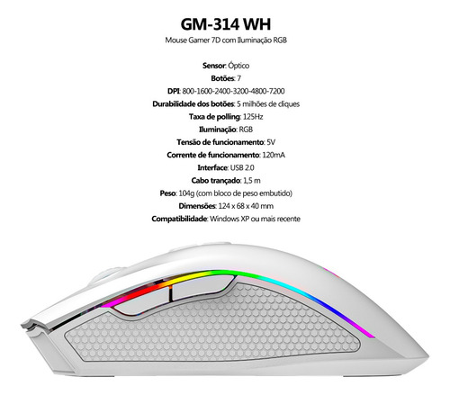 Mouse para jogos Xtrike Me Gm314 Rgb Led Light Ambidestro com cabo USB 2.0 para PC, notebook de 7200 Dpi - Branco