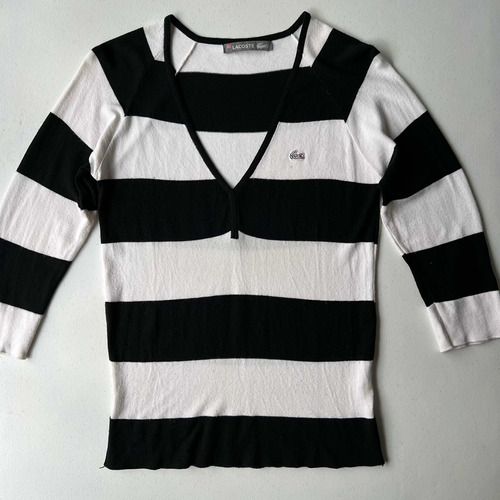 Sweater Buzo Lacoste Mujer Rayado Blanco Y Negro Manga 3/4