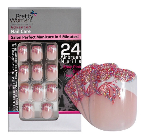 Pretty Woman Uñas Plasticas Acrilicas Set Mariposa Rosa