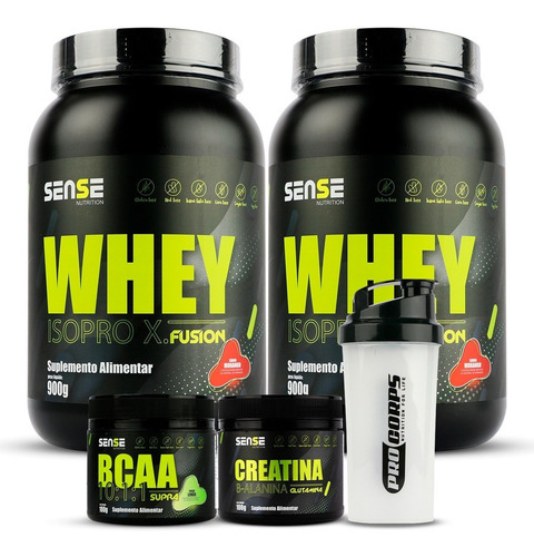 Kit 2 Whey Protein 900g +bcaa +creatina +coqueteleira -sense Sabor Morango