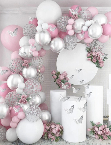 Arco Orgánico De Globos Rosa Plateado Mariposas Cumpleaños