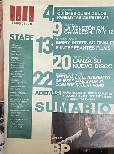 Sabado Show , El País N° 1803 , Brad Pitt , Año 2007 Ss3 (Usado)