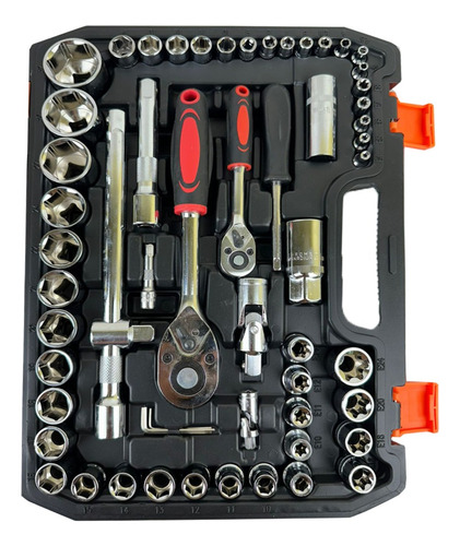 Kit Soquete Cromo 108 Peças Catraca Reversível Cr-v Maleta Preto E Laranja