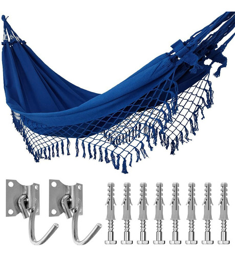 Kit Rede Dormir Casal Azul Royal + Ganchos Costura Reforçada