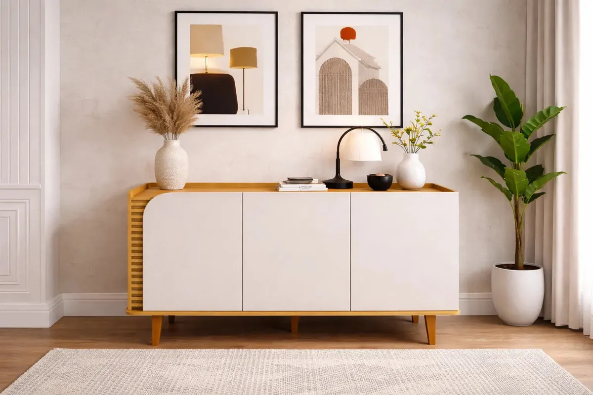 Aparador Buffet Jurere Com Prateleira Cor Naturale/off White Matte M Casa Móveis