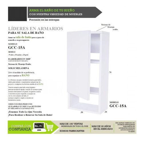 Imagen 2 de 10 de Mueble Modular Aéreo En Melamina Para Baño Mod. Gcc-15a