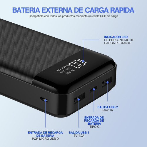 Imagen 2 de 8 de Power Bank 20000mah Carga Rápida Pila Cargador Portátil Lcd