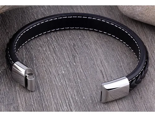 Pulsera Cuero Y Acero Hombre 