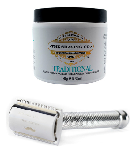 The Shaving Co Kit Crema De Afeitar Menta Y Rastrillo Metal. Rzor de Acero Inoxidable. Shaving Cream de Menta y Madera Cedro