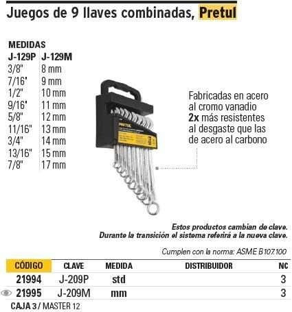 Imagen 3 de 6 de Juego Llaves Combinadas Estandar 9 Pz Pretul 21994