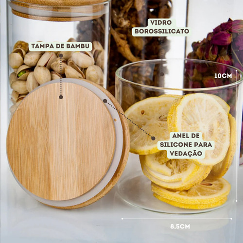 5x Pote Vidro Bambu Hermético Borossilicato Linha Eco Kit