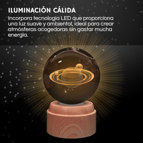 Lampara De Noche Bola Cristal 3d Base Giratoria Led Calida Madera Media Luna Astronauta Calido