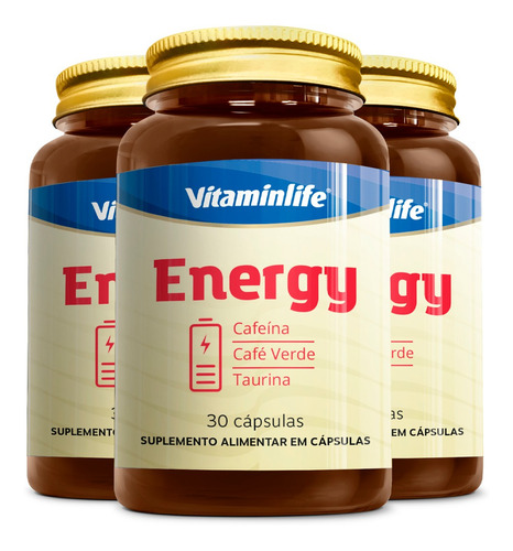 Kit 3 Energy Cafeína + Café Verde + Taurina Vitaminlife 30. Sabor Sem sabor