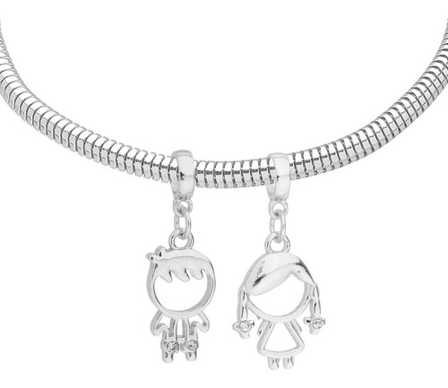 Pulseira Berloques Filhos Casal Banhada A Prata 925 Premium Diâmetro 17 Cm