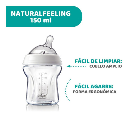 Imagen 6 de 10 de Mamadera De Vidrio 150ml Chicco Naturalfeeling Pure Glass