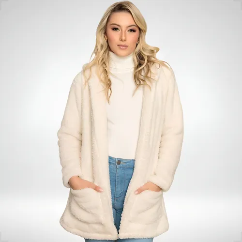 Blusa Teddy Feminino Casaco Sobretudo Inverno Bolsos Capuz