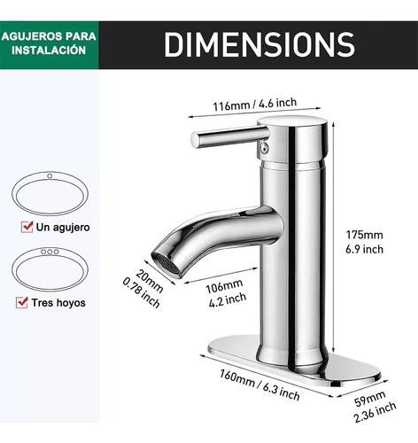 Lavabo Grifo Baño Llave Monomando Fregadero Inoxidable