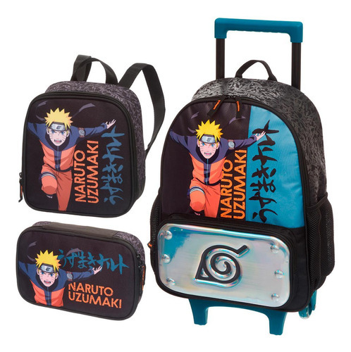 Mochila Rodinhas + Lacheira + Estojo Box Naruto Ninja Run