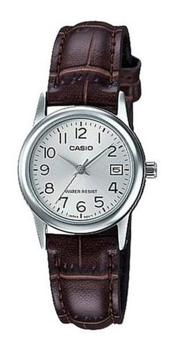 Relógio Feminino Casio Ltp-v002l 7b2u Prata Couro Marrom