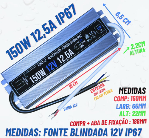 08pçs Fonte Blindada Bivolt Ip67 Prova D'água 12v 12,5a 150w