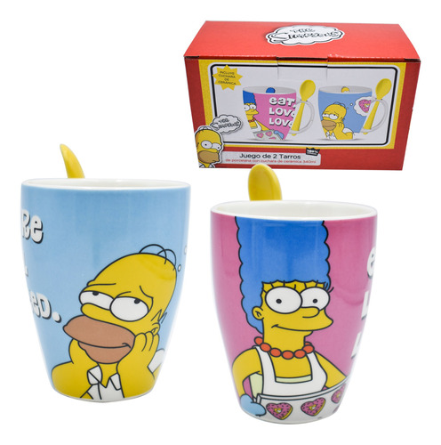 2 Tazas Cerámica Homero Marge Simpson Cuchara 310ml Original