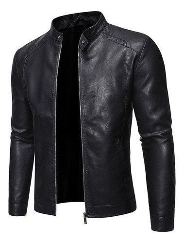 Chaqueta Pu Antiviento Cuero Hombre Slim Fit Cuello Biker