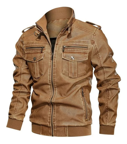 Chaqueta De Cuero Retro Con Múltiples Bolsillos De Gran Tamaño Para Hombre