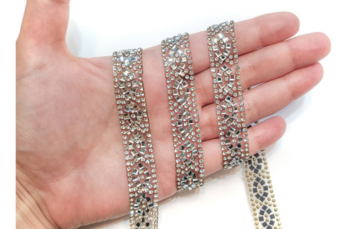 Galon Termoadhesivo De Strass Plata Con Cristales X 50cm