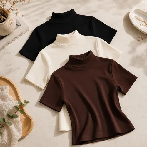 Kit 3 Blusas Gola Alta Feminino Manga Curta  Básica Casual