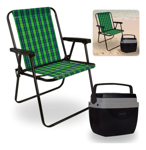 Caixa Termica Preta Cooler 12 L + Cadeira De Praia Verde