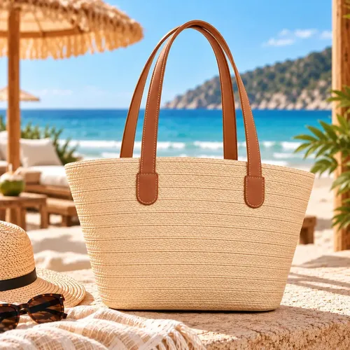 Bolsa Palha Praia Feminina Grande Verão Piscina Sacola Luxo Acambamento dos ferragens Metal Cor Areia Correia de ombro M