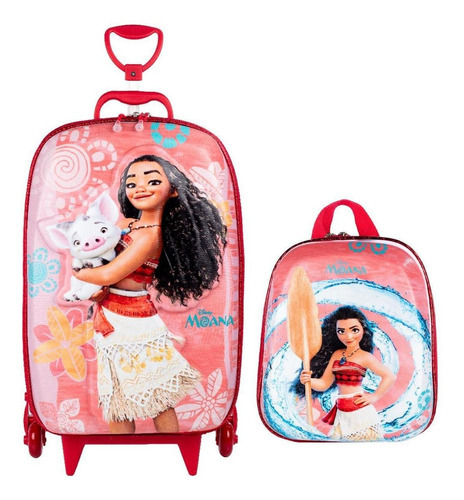 Kit Mochila 3d De Rodinhas + Lancheira Princesa Moana Rosa