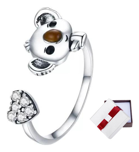 Anillo Plata 925 Mujer Ajustable Diseño Oso Koala