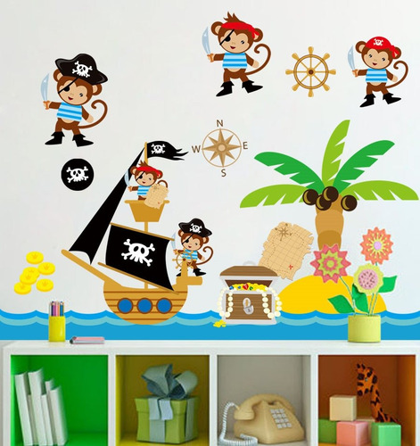 Vinil Decorativo Infantil Changos Barco Pirata Sala Estancia