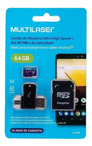 Cartão Memória 64gb Pendrive Micro Usb Multilaser 4x1 Mc152