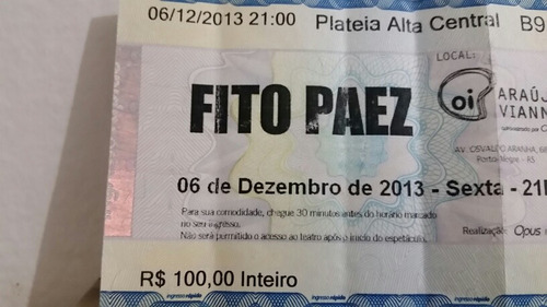 Ingresso Antigo Fito Paez-show Porto Alegre- Original- Raro!