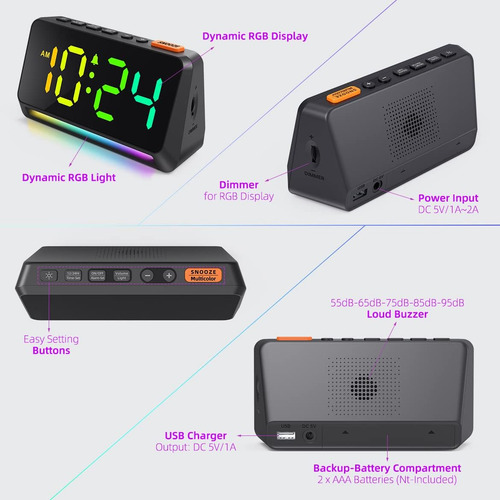Reloj Despertador Extra Fuerte Xkx Con Luz Rgb Y Cargador Us