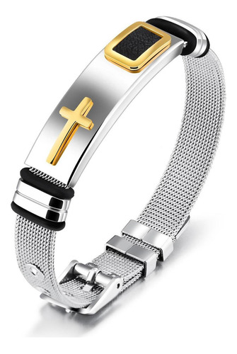 Pulseira Masculina Bracelete Aço Cruz Dourada