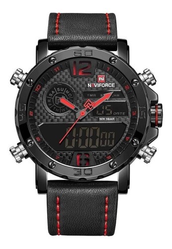 Relógio de pulso Naviforce NF9134 com corpo preto,  analógico-digital, para masculino, fundo  preto, com correia de couro cor preto, agulhas cor cinza e vermelho, subdials de cor preto e vermelho, ponteiro de minutos/segundos preto, bisel cor preto e fivela simples