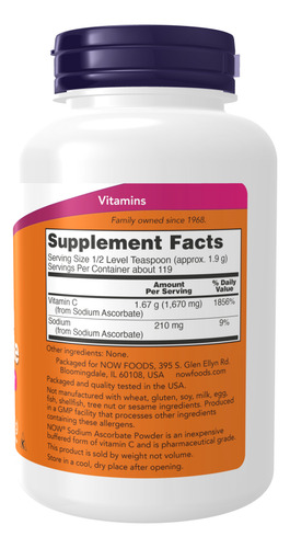 Vitamina C Now Foods Ascorbato De Sódio 227g Em Pó Sabor Sem sabor