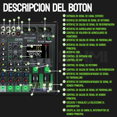 Audio Mixer Gochanmi M6 Dj 6 Canales Con X2 99 Efectos Dsp