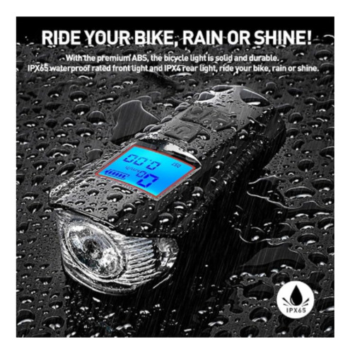 Luz Bicicleta Velocimetro Bocina Recargable Usb Lluvia Negro